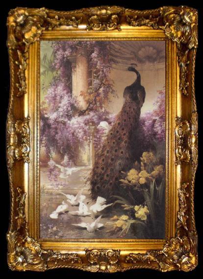 framed  Eugene Bidau A Peacock and Doves in a Garden, ta009-2